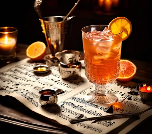 Um copo de coquetel laranja com cubos de gelo, decorado com uma fatia de laranja, posicionado sobre uma partitura musical.