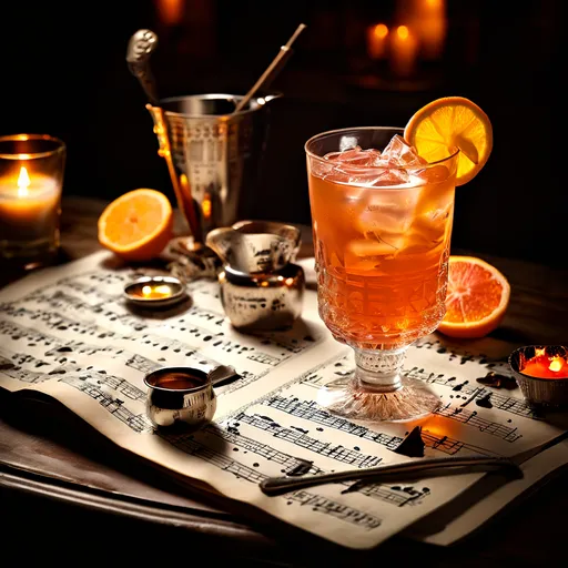 Um copo de coquetel laranja com cubos de gelo, decorado com uma fatia de laranja, posicionado sobre uma partitura musical.