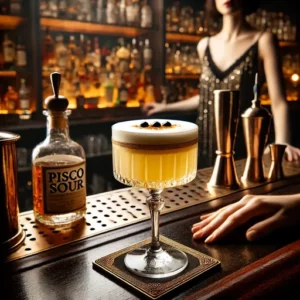 Pisco Sour: A Elegância do Coquetel Peruano Pisco Sour em taça elegante no balcão de um bar sofisticado, com garrafa ao fundo.
