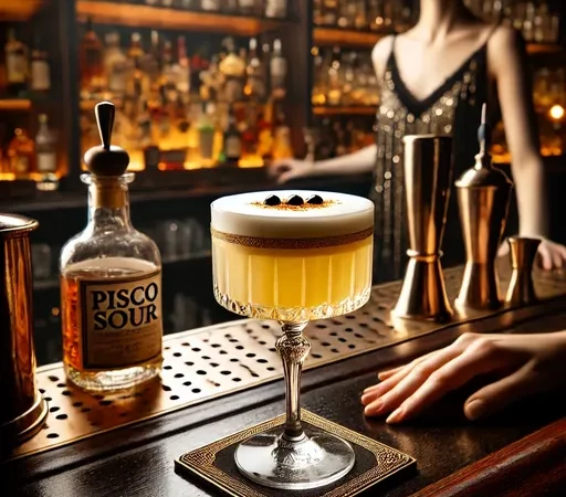 Pisco Sour: A Elegância do Coquetel Peruano Pisco Sour em taça elegante no balcão de um bar sofisticado, com garrafa ao fundo.