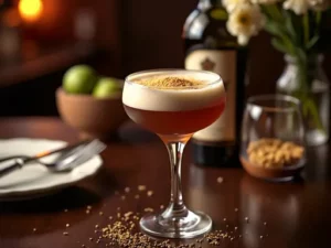 Porto Flip cocktail Coquetel elegante em taça coupé, decorado com raspas de noz-moscada, em um ambiente sofisticado.