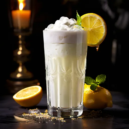 Ramos_Gin_Fizz_cocktail Coquetel cremoso em copo alto, decorado com fatia de limão e hortelã, em ambiente iluminado por vela