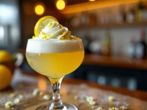 Coquetel dourado em taça com espuma e fatia de limão, servido em um ambiente de bar.