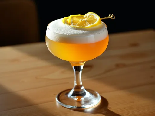 Coquetel Dourado com Toque de Limão: Uma Experiência Refrescante e Elegante Coquetel dourado em taça alta com espuma e garnish de limão, servido em uma superfície de madeira clara.