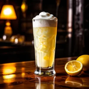 Ramos Fizz em copo alto com espuma branca e líquido amarelo, decorado com fatia de limão, sobre uma mesa de madeira.