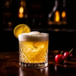 Um_Whiskey_Sour_cl_ssico_servido_em_um_copo_baixo_de_cristal Coquetel clássico em copo baixo com espuma, decorado com fatia de limão, em um ambiente escuro com cerejas ao lado