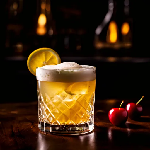 Um_Whiskey_Sour_cl_ssico_servido_em_um_copo_baixo_de_cristal Coquetel clássico em copo baixo com espuma, decorado com fatia de limão, em um ambiente escuro com cerejas ao lado