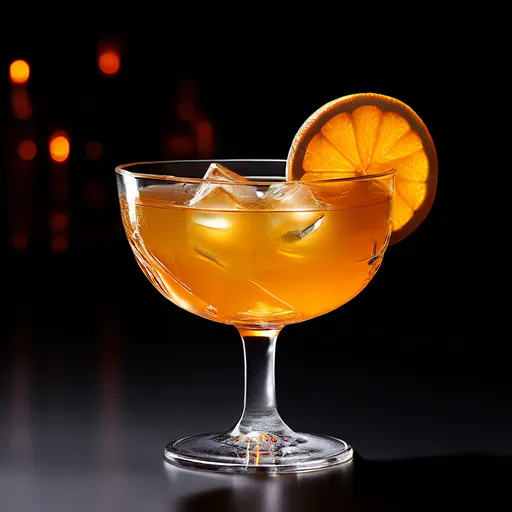 Coquetel Sidecar servido em uma taça clássica com uma fatia de laranja na borda, sobre um fundo escuro com luzes suaves ao fundo