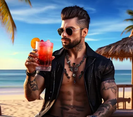 a_gothic_style_guy_drinking_a_Paradise_Cocktail_on_the_beach Paradise_Cocktail_on_the_beach