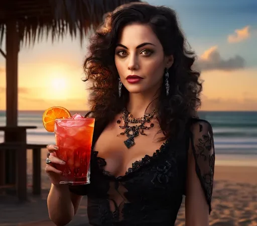 a_gothic_woman_drinking_a_Paradise_Cocktail_on_the_beach Paradise Cocktail: drink tropical