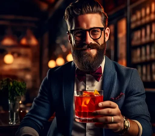 Homem hipster com barba e óculos, vestindo terno e gravata borboleta, segurando um coquetel Negroni em um ambiente de bar elegante e acolhedor, com luzes suaves ao fundo.
