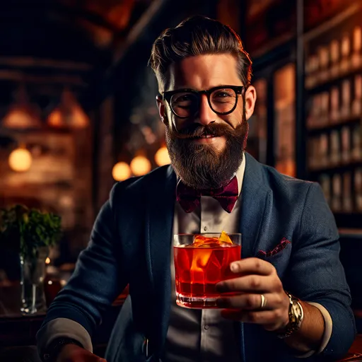 Homem hipster com barba e óculos, vestindo terno e gravata borboleta, segurando um coquetel Negroni em um ambiente de bar elegante e acolhedor, com luzes suaves ao fundo.