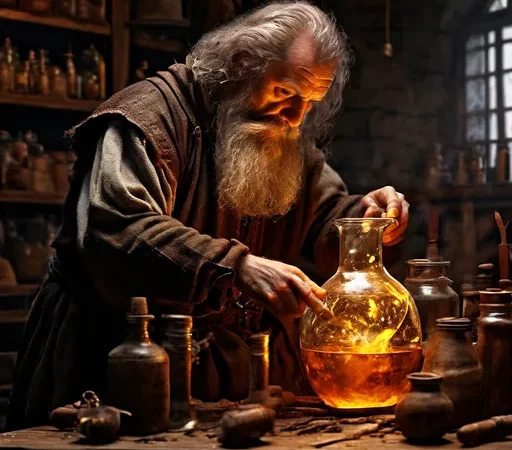 alquimista_medieval Um homem idoso com aparência de sábio, com uma longa barba branca, vestindo roupas medievais e realizando algum tipo de preparação ou experimento com líquidos em frascos em uma cabana rústica.