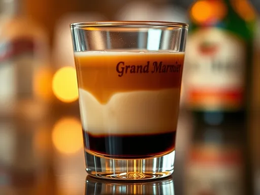 Coquetel B-52 em um copo de shot, exibindo suas três camadas distintas de licor de café, licor irlandês e Grand Marnier, com um fundo desfocado e luzes suaves que criam uma atmosfera acolhedora.