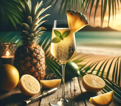 Coquetel Barracuda: Um Brinde ao Paraíso Tropical Coquetel Barracuda em uma taça flûte, decorado com abacaxi e hortelã, em uma mesa de madeira com abacaxis e limões ao lado, em um cenário de praia ao entardecer com palmeiras ao fundo.