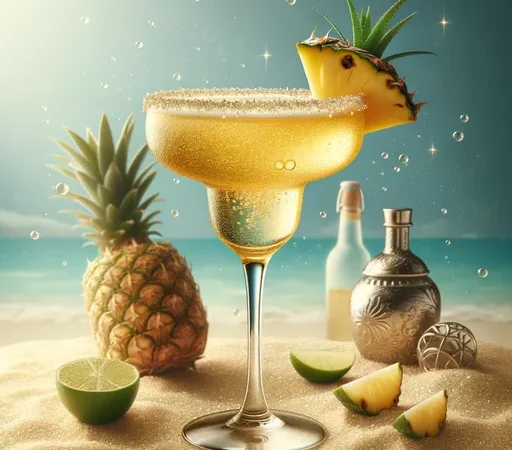 Coquetel Barracuda em uma taça de margarita, decorada com abacaxi e cristais de açúcar, colocado na areia da praia com um abacaxi e fatias de limão ao redor, em um cenário tropical com o mar ao fundo.