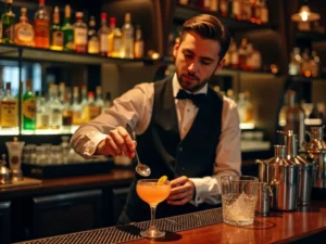Um barman elegantemente vestido em um bar, preparando uma bebida em um copo coquetel.