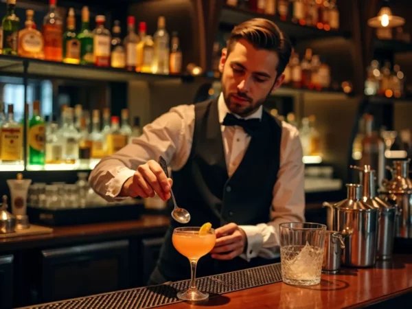 Um barman elegantemente vestido em um bar, preparando uma bebida em um copo coquetel.