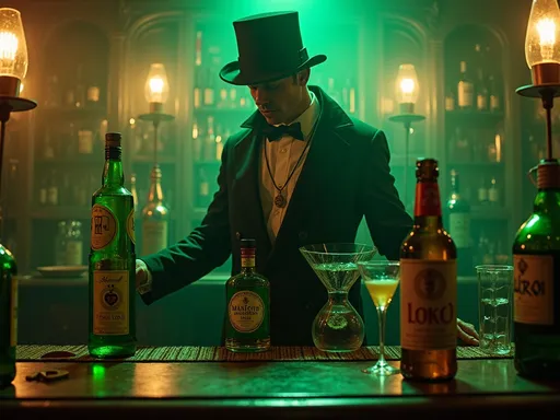 Um homem vestido com um terno e cartola, posicionado atrás de um balcão de bar, com diversas garrafas e copos de bebida em um ambiente escuro e iluminado em tons de verde.
