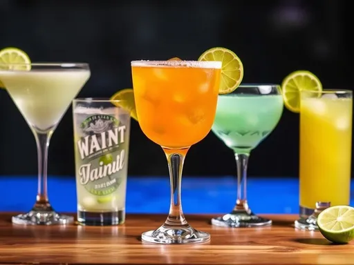 Uma variedade de copos com diferentes bebidas coloridas e decoradas com frutas cítricas.