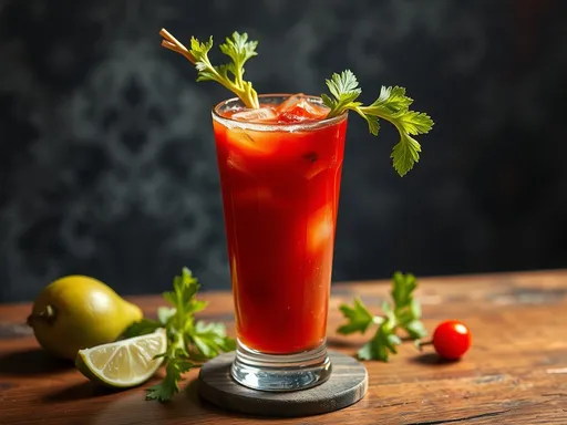 Coquetel Bloody Mary em um copo alto, decorado com um talo de aipo e rodela de limão, sobre uma mesa de madeira com limões e tomates cereja ao lado, em um ambiente com fundo escuro que destaca o tom vermelho da bebida.