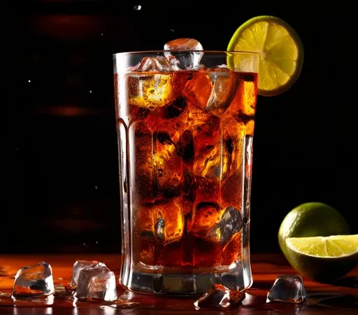 Coquetel Cuba Libre servido em um copo alto com gelo, decorado com uma rodela de limão, sobre uma superfície de madeira com limões cortados ao lado, em um ambiente com fundo escuro e iluminação suave.