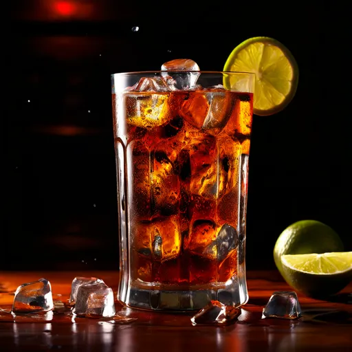 Coquetel Cuba Libre servido em um copo alto com gelo, decorado com uma rodela de limão, sobre uma superfície de madeira com limões cortados ao lado, em um ambiente com fundo escuro e iluminação suave.