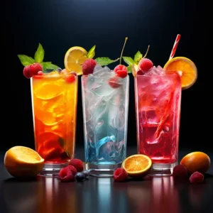 Três copos de coquetéis coloridos e vibrantes, servidos com rodelas de limão, frutas vermelhas e folhas verdes, em um fundo escuro.