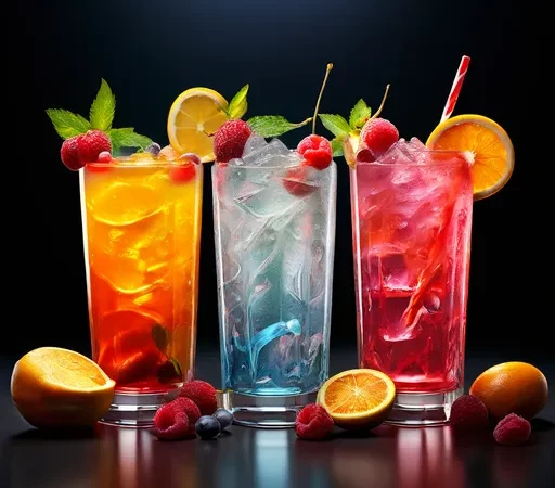 Três copos de coquetéis coloridos e vibrantes, servidos com rodelas de limão, frutas vermelhas e folhas verdes, em um fundo escuro.