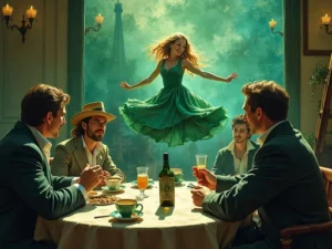 O Cálice da Perdição: Como o Absinto Liberta a Alma em um Delírio de Prazeres Proibidos Uma figura feminina vestida com um vestido verde esvoaçante, flutuando acima de uma mesa onde quatro homens elegantemente vestidos estão sentados, segurando taças e um frasco que aparentemente contém absinto.