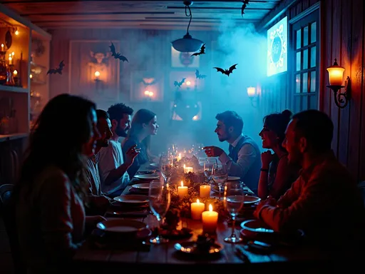 Imagem de uma reunião em um ambiente sombrio e misterioso, com pessoas ao redor de uma mesa iluminada por velas e com morcegos voando pelo local.