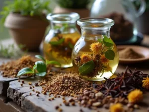 omposição com ingredientes naturais Dois frascos de vidro contendo líquidos de cor âmbar, rodeados por folhas, flores e especiarias secas sobre uma superfície rústica.