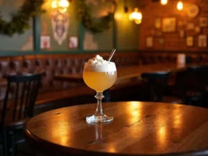 gin fizz do Ramos Gin Fizz do Ramos em copo alto, decorado com fatia de limão, servido em um ambiente elegante de restaurante.