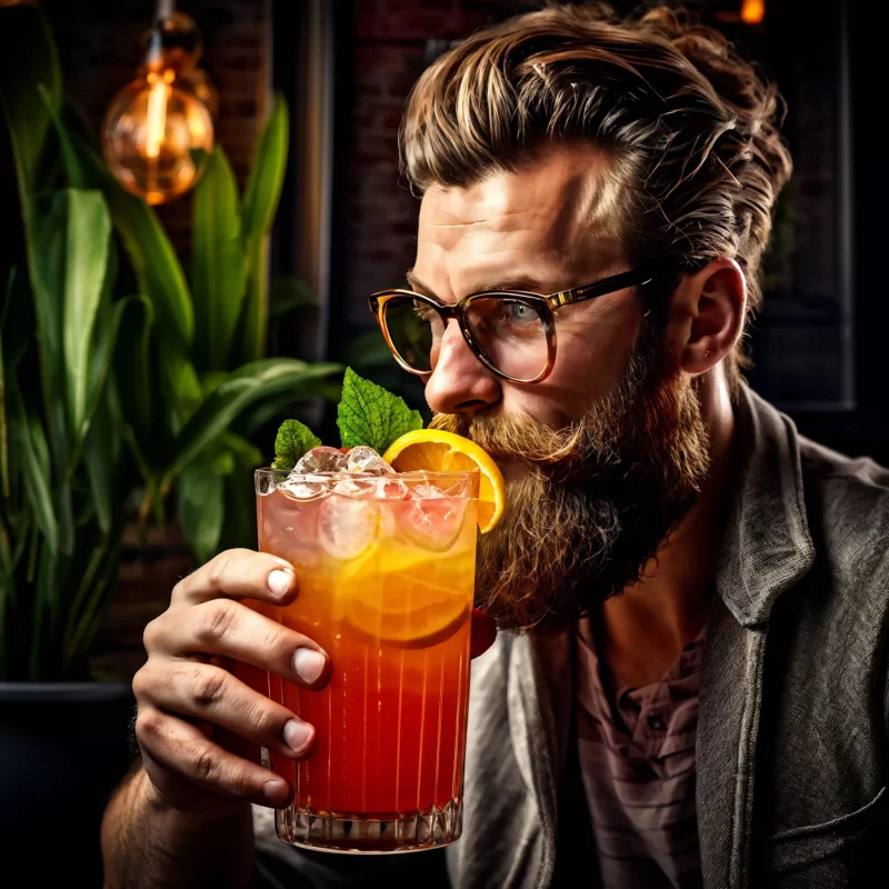 O Coquetel que Define Personalidade: Uma Experiência Sensorial Homem segurando um grande coquetel com fatias de laranja e folhas de hortelã em um bar.