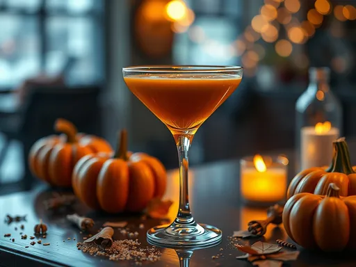 Cocktail de Outono: Um brinde à Temporada das Abóboras Um copo de cristal contendo um coquetel laranja brilhante, cercado por abóboras laranjas, velas acesas e outros elementos decorativos de outono.