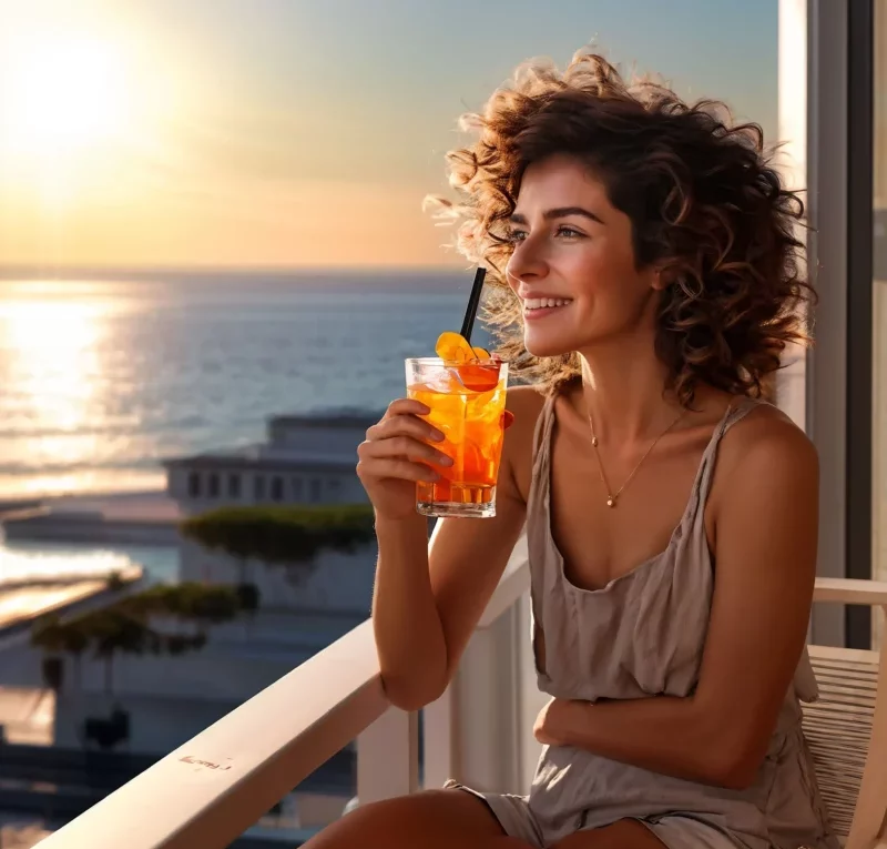Mulher de cabelos cacheados e sorriso no rosto, segurando um coquetel Screwdriver em uma varanda, com o mar e o pôr do sol ao fundo.