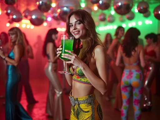 Mulher jovem vestida com roupa vibrante dos anos 70, segurando um coquetel Grasshopper verde em uma taça alta, em uma festa com luzes coloridas e globos de espelhos, com outras pessoas dançando ao fundo.