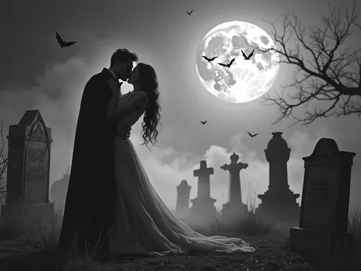 O Beijo do Vampiro: Uma Dança Sensual com a Noite Uma sombra de um casal se abraçando contra a luz da lua cheia, com um cemitério e morcegos voando ao fundo em um cenário sombrio e gótico.