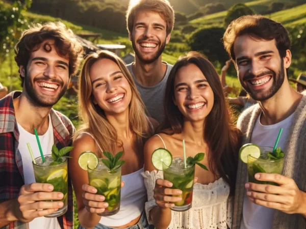 Grupo de cinco amigos sorridentes segurando caipirinhas, em um ambiente rural com colinas verdes ao fundo, aproveitando um dia ensolarado e celebrando ao ar livre.
