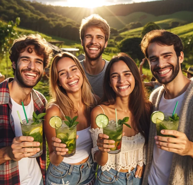 Grupo de cinco amigos sorridentes segurando caipirinhas, em um ambiente rural com colinas verdes ao fundo, aproveitando um dia ensolarado e celebrando ao ar livre.