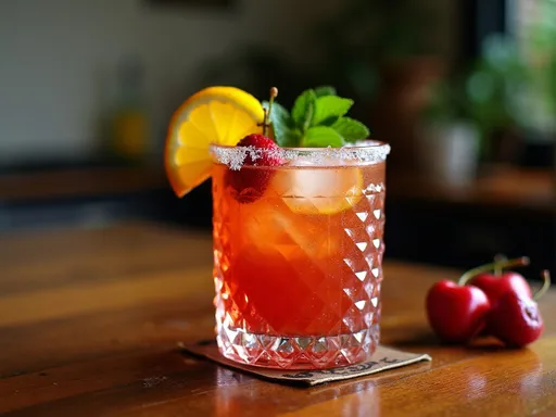 Um copo de Planter's Punch com garnish de limão e folha de hortelã sobre uma mesa de madeira.