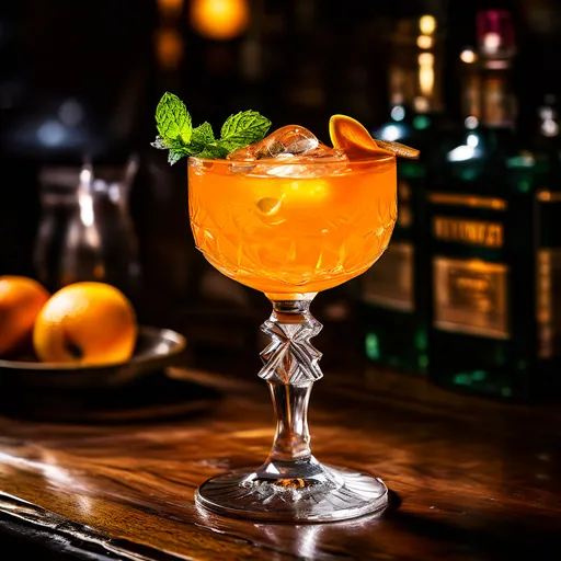 Coquetel Monkey Gland: Um Toque de Elegância Cítrica Coquetel Monkey Gland em uma taça vintage de cristal, decorado com uma fatia de laranja e hortelã fresca, servido em um balcão de madeira com garrafas de licor e laranjas ao fundo, em um ambiente acolhedor e sofisticado.