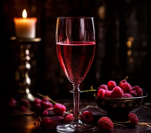 Uma taça de cristal contendo um líquido vermelho rubi brilhante, cercada por framboesas frescas em uma vasilha e uma vela acesa em um fundo escuro com luzes desfocadas.