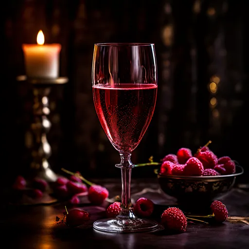Uma taça de cristal contendo um líquido vermelho rubi brilhante, cercada por framboesas frescas em uma vasilha e uma vela acesa em um fundo escuro com luzes desfocadas.