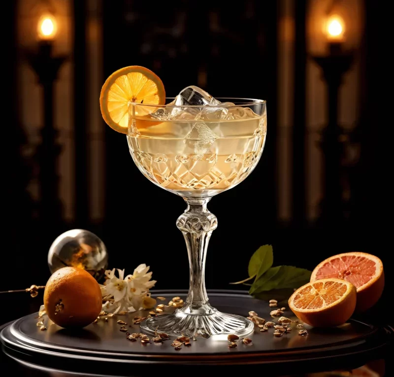 Clássico dos Anos 1920: Coquetel Mary Pickford em Taça Vintage Coquetel Mary Pickford servido em uma taça vintage de cristal, decorada com uma fatia de laranja, sobre uma bandeja escura com uma laranja cortada ao meio e flores brancas, em um ambiente com iluminação suave e atmosfera nostálgica.