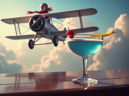 Um copo de coquetel Aviation apoiado em uma superfície de madeira, com um modelo de avião biplano vintage voando no céu azul ao fundo.