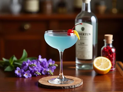 Aviation Cocktail um copo de coquetel azulado, com uma cereja vermelha e uma rodela de limão, apoiado em um pedaço de madeira, com uma garrafa de gin e flores roxas ao fundo.