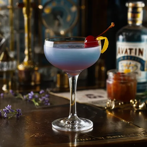 Aviation Cocktail m copo de coquetel azulado, com uma cereja vermelha e uma rodela de limão, apoiado em um pedaço de madeira, com uma garrafa de gin e cerejas ao fundo.