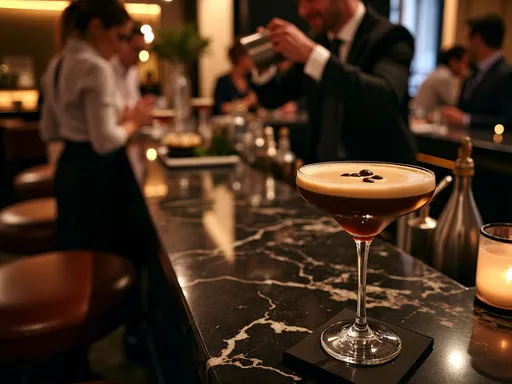Um coquetel elegante e moderno, com espresso e vodka, servido em um elegante copo de martini com uma bela espuma de café.