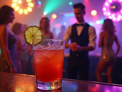 O Kamikaze: O Coquetel para os Hedonistas da Noite Uma imagem vibrante de um coquetel vermelho-alaranjado brilhante em primeiro plano, com um ambiente de festa animado e pessoas dançando ao fundo.